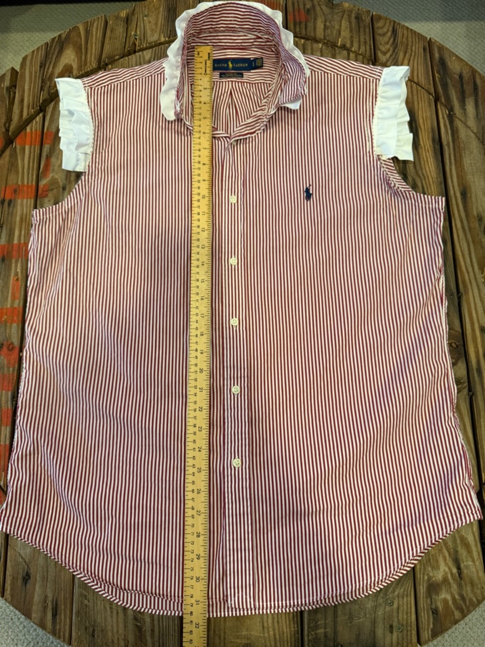 Upcycled Ralph Lauren Red & White Striped Sleeveless Shirt - Picture 4 of 5